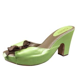 Cindy Womens Platform Mule Heels Size 10 Green Leather Bow Open Toe Chunky Heel